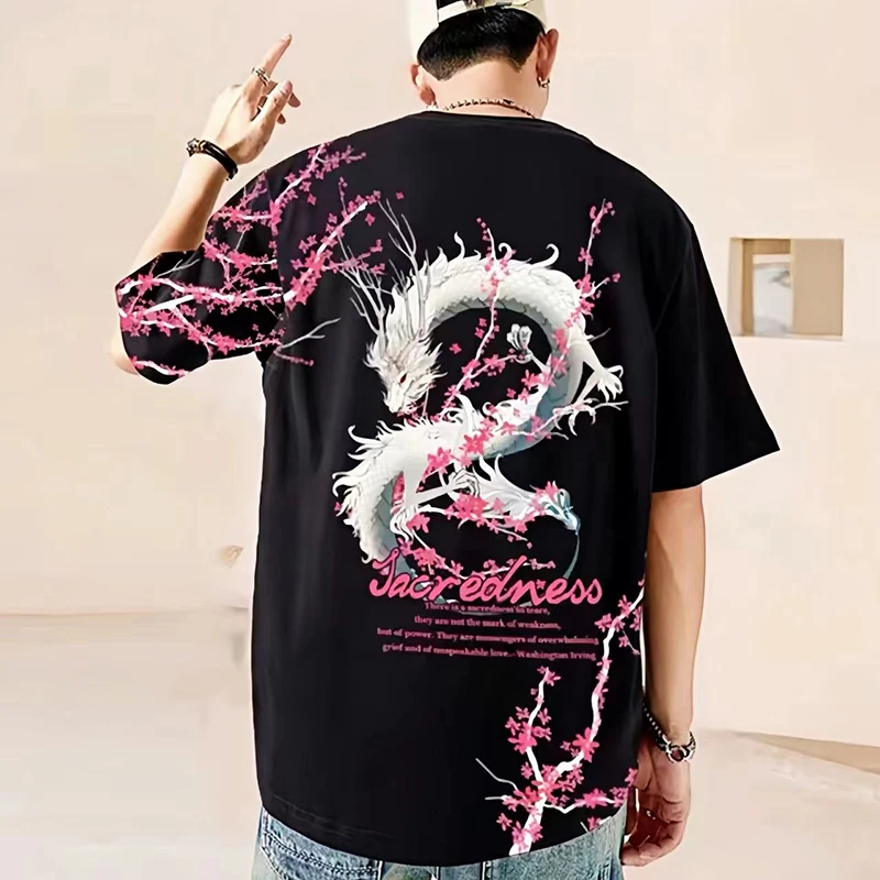 Summer Dragon Cherry Blossoms Print Short Sleeve Women O Neck Sweatshirts Chinese Style Harajuku 2xl Oversized Couple T Shirts