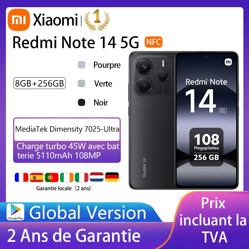 Xiaomi Redmi Note 14 5G, NFC, smartphone, MediaTek Dimensity 7025-Ultra, screen AMOLED, inches, 120Hz, Al 108 MP camera system with OlS