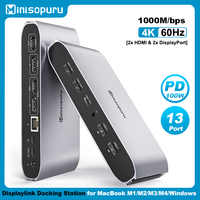 Minisopuru Displaylink Triple Display Docking Station for MacBook M1 M2 Windows with 2 HDMI 2 DisplayPort PD RJ45 4 USB Port HUB