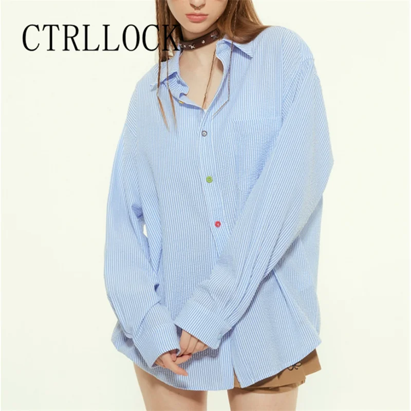 

CTRLLOCK Loose Striped Women Colorful Buttons Turn-down Collar Shirt Casual Long Sleeve Blouse