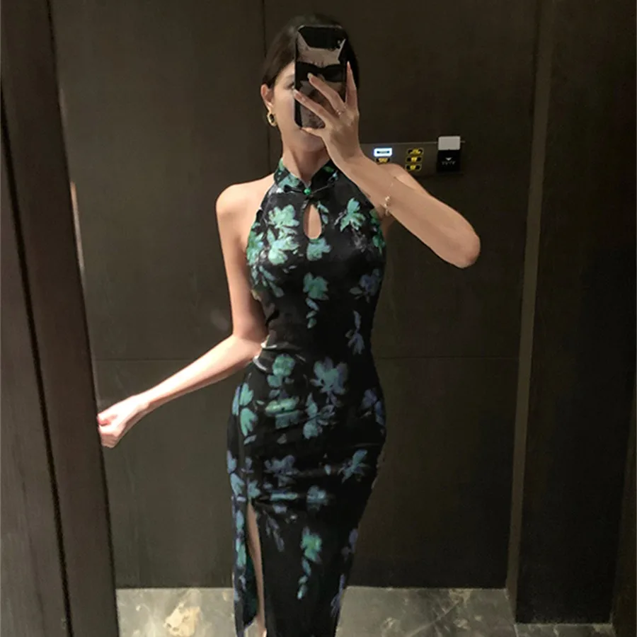 Neue Chinesische Sle Samt Druck Sexy Svel Abnehmen Wrap um mittlere Länge Bodycon Dr für Frauen Herbst Winter Faion