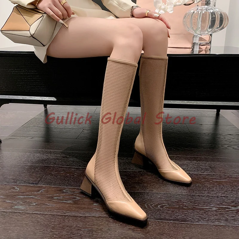 2024 New Arrival Summer Boots Pointed Toe Leather Mesh Knee High Zipper Boots Sexy Show Breathable  Comfortable Women Shoes