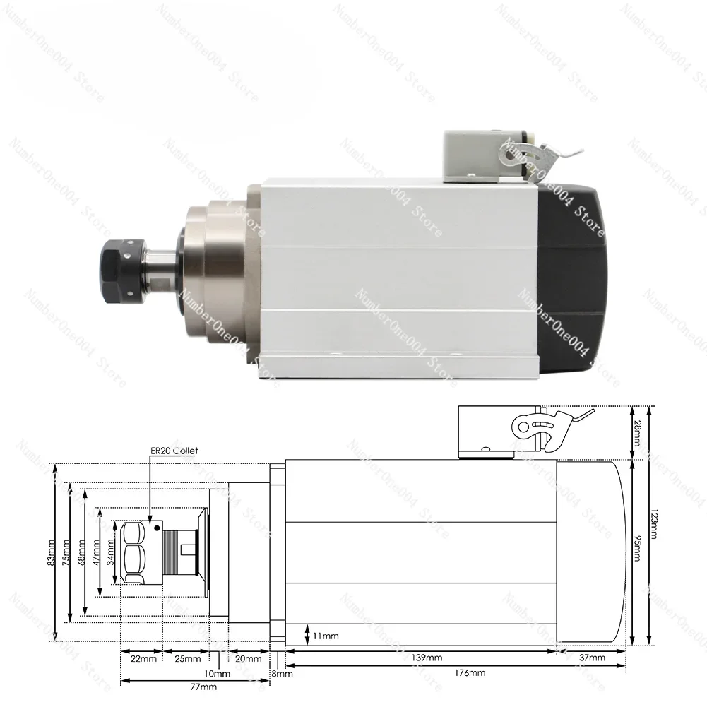 1.5KW ER20 Air Cooled Spindle Motor 4 pcs bearings With flange Square Spindle Motor