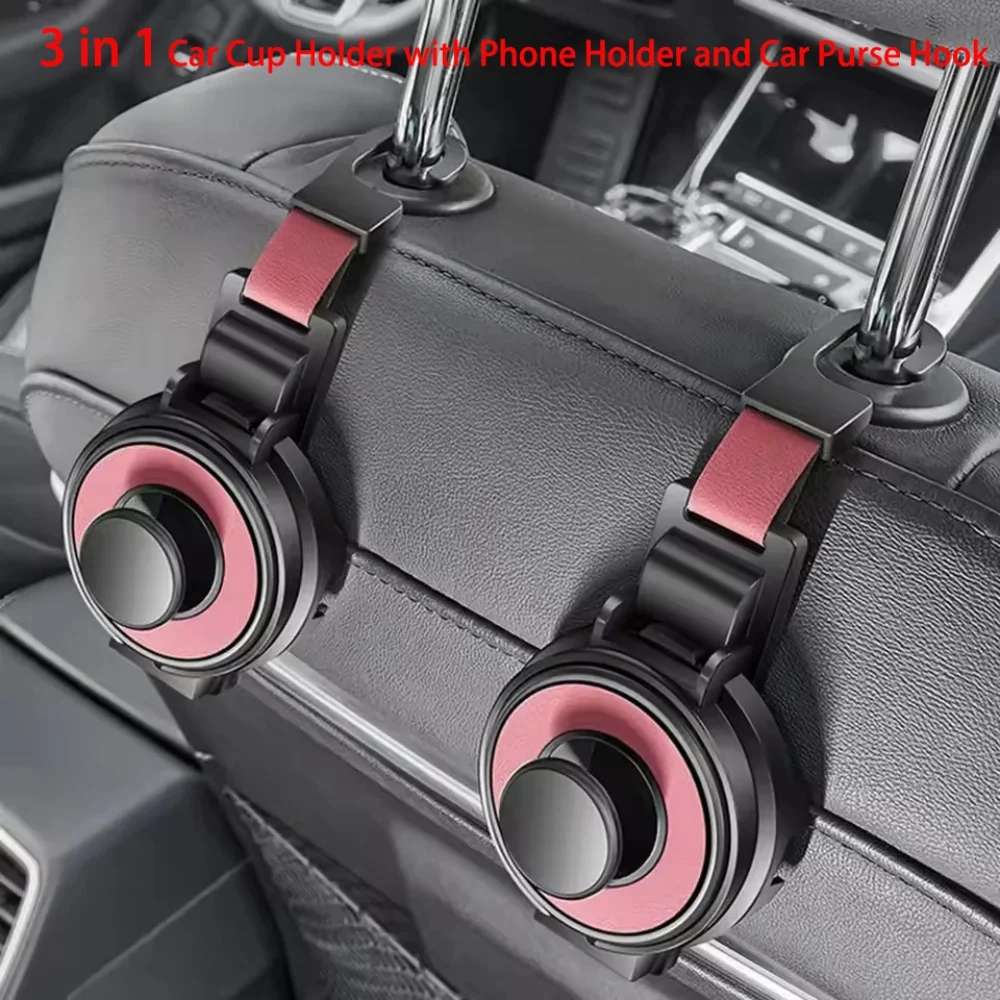 

3 in 1 Car Cup Holder with Phone Holder and Car Purse Hook Foldable Car Seat Hook Multifunctional Hook for Car Seat Back