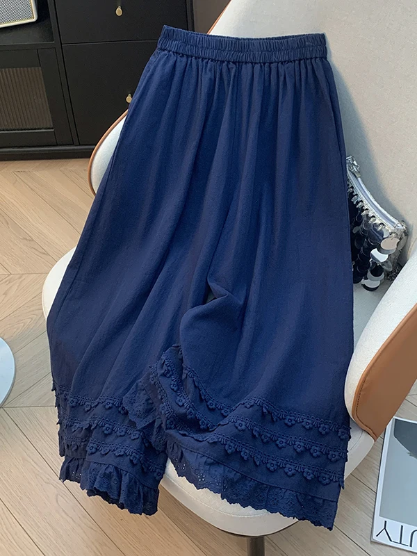 

Ретро кружевная отделка сращивания чистый цвет хлопок лен широкие брюки свободная талия утягивающие семь дюймов женские повседневные брюки больших размеров