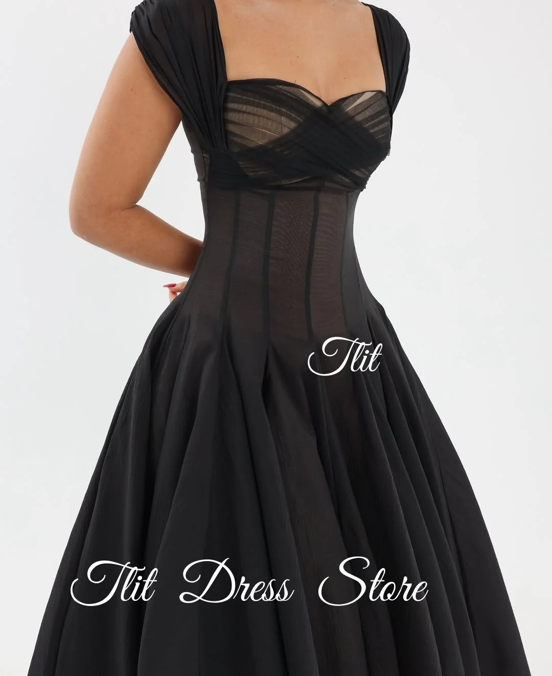 فستان سهرة أنيق من الشيفون الأسود على شكل حرف a من TLIT بدون حمالات فساتين حفلات بحزام سباغيتي وكشكشة مخصصة فيستدوس دي فييستا