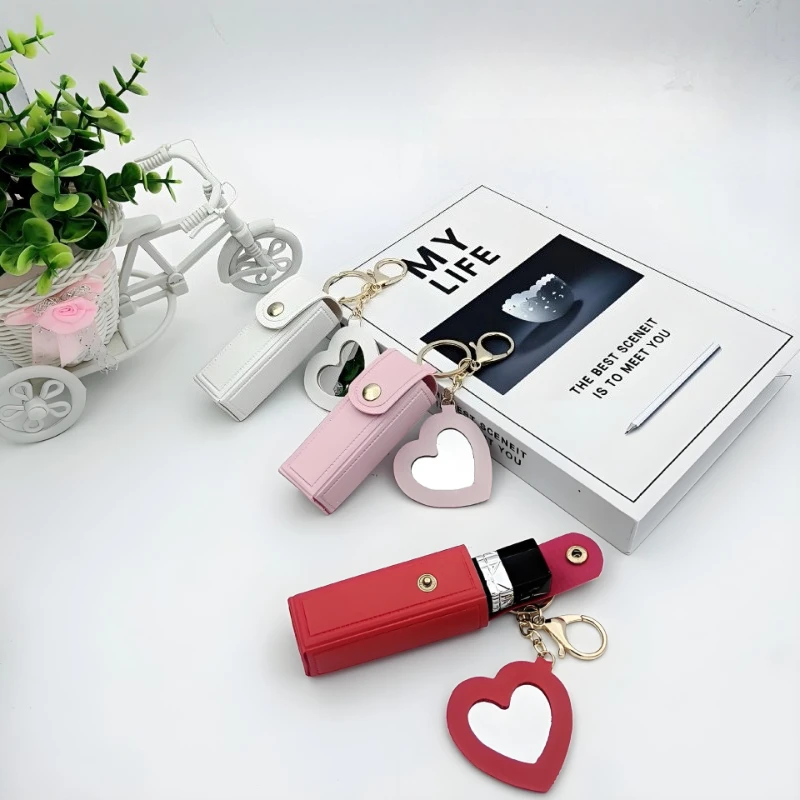 Portable Lipstick Organizer with Heart Mirror Cute Keychain Compact Makeup Bag for Lip Gloss Protection