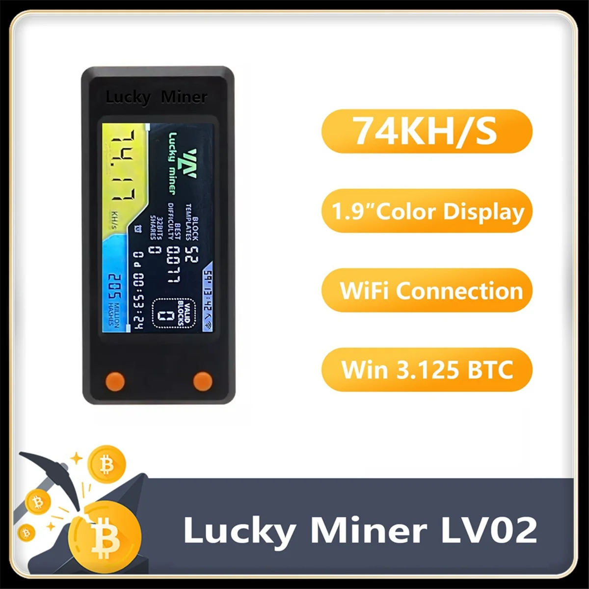 A44TFor Lucky Miner LV02 Bitcoin Miner 74KH/S SHA256 BTC سولو مينر اليانصيب جهاز التشفير مينر ASIC التعدين الصامت مينر