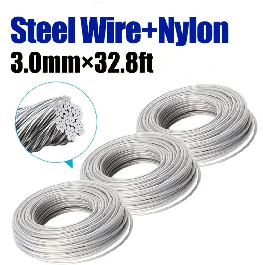 5M/10M/15M Steel Wire Nylon Grass Trimmer Line Brushcutter Trimmer Rope Lawn Mower Cord Long Round Roll Grass Replacement