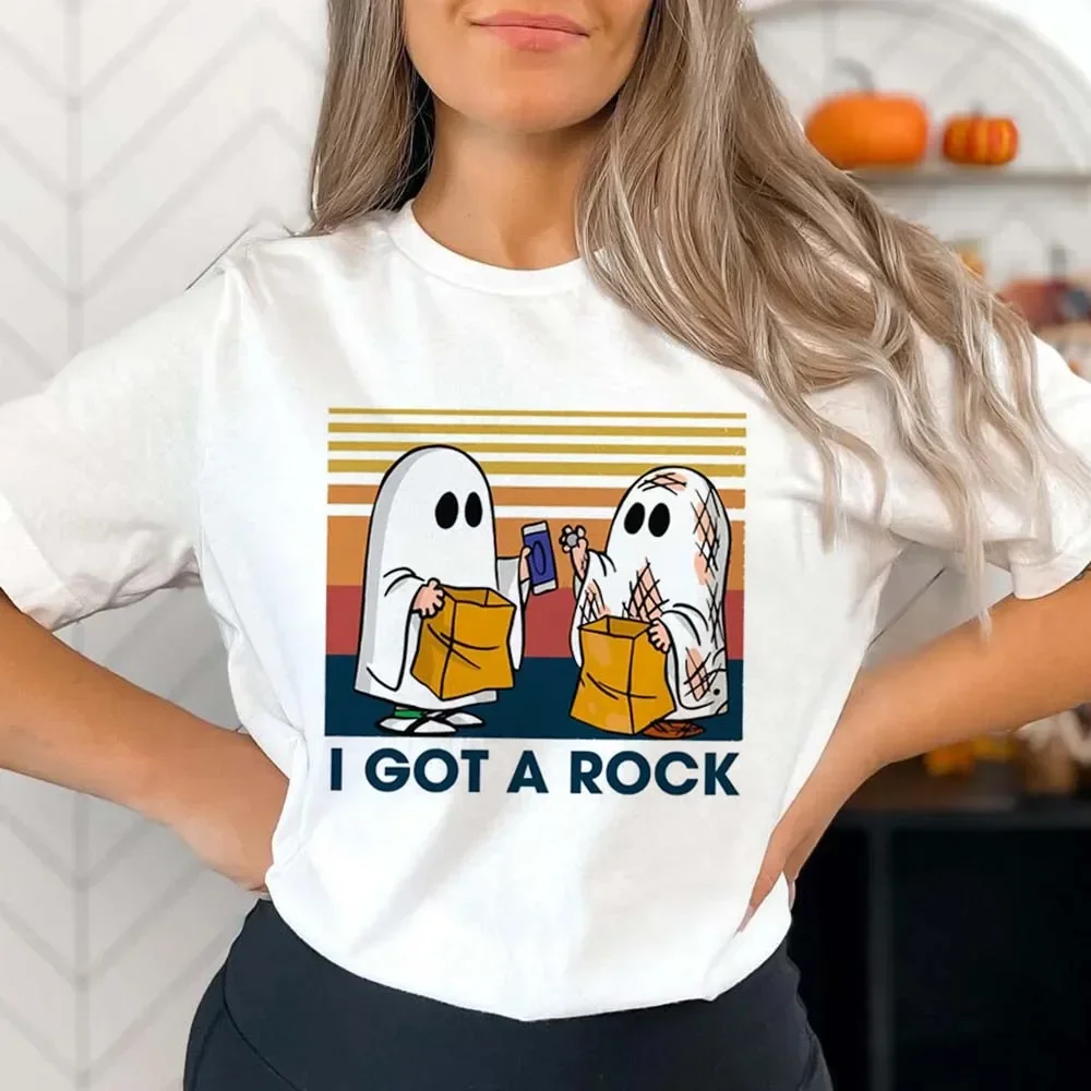 I Got A Rock Cute Couple Ghost Fun Halloween T-Shirt Women\'s Fashion Short Sleeved T-Shirt Printed Casual O-Neck Style T-Shirt