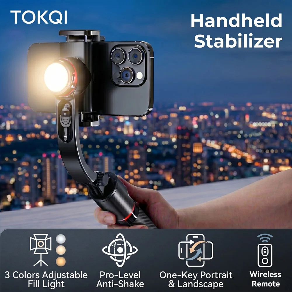 

TOKQI Handheld Stabilizer for Stream Anti‑Shake Gimbal Selfie Stick With 3‑Color Adjustable Fill Light Wireless Remote Control 3