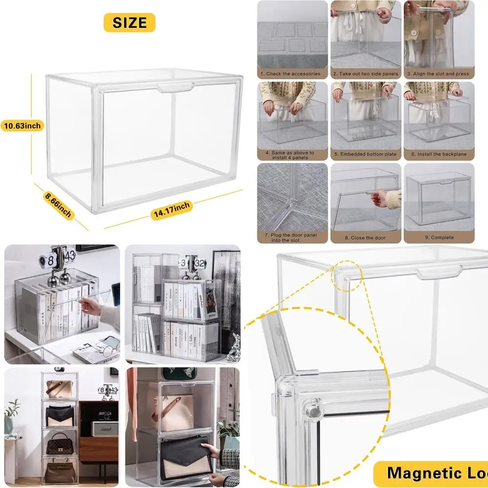 

Stackable Clear Plastic Storage Bins with Magnetic Lids, Dustproof Display Cases for Books, Cosmetics, and Collectibles, Large F
