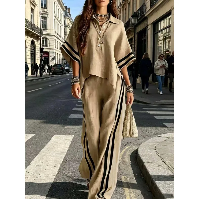 Autumn Summer New Women Clothes Short-sleeved Shirts Straight-leg Pants Two-piece Sets Streetwear Pants Set Patchwork Outfit