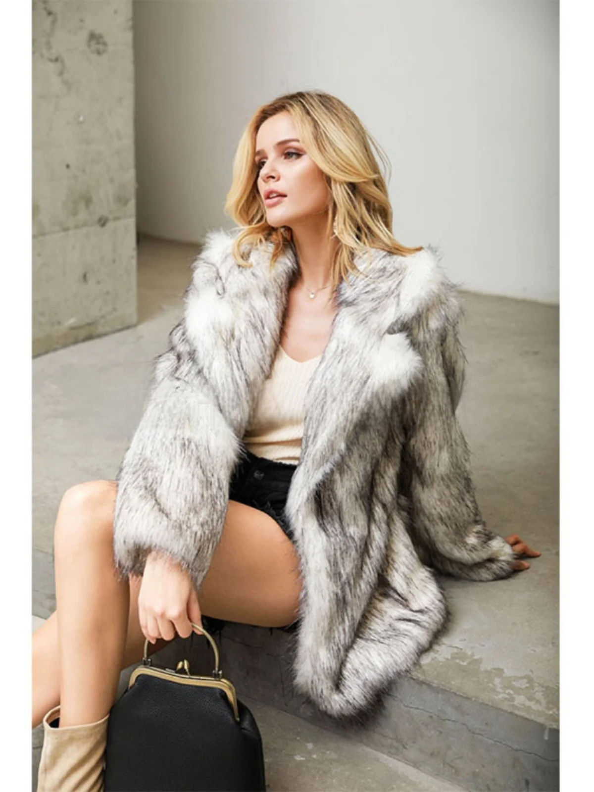 

Stylish Imitation Fur Coat Black Tip White Base Midi Length Suit Jacket Artificial Leather Fashionable Street Style Coat