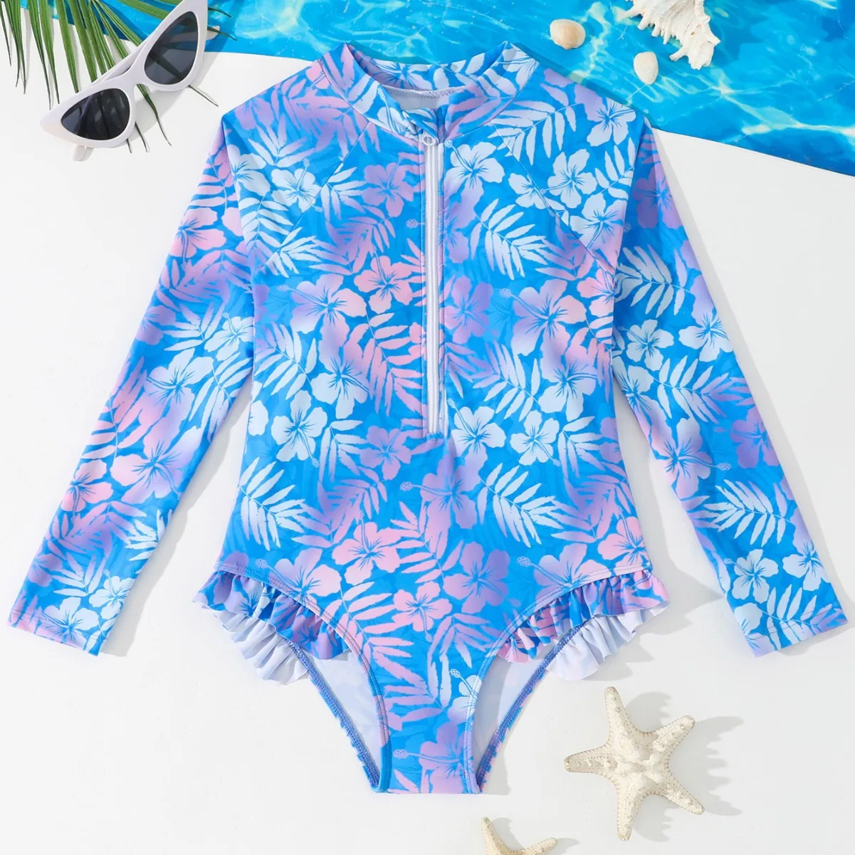 Girls Gradient Hibiscus Print Long Sleeve One Piece Swimsuit Front Half Zip Ruffle Hem Rash Guard Kids Beach Surf Bathing Suit