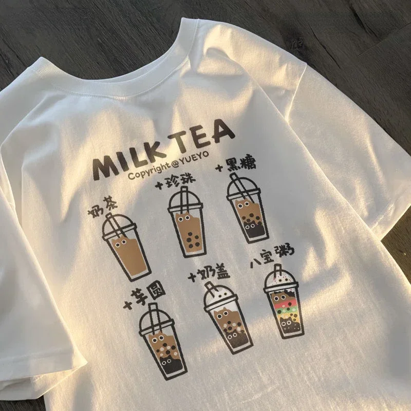 

Short Sleeved T-shirt for Men and Women Loose Fitting Casual Couple Top American Style Fun and Flavored Milk Tea Japanese Style