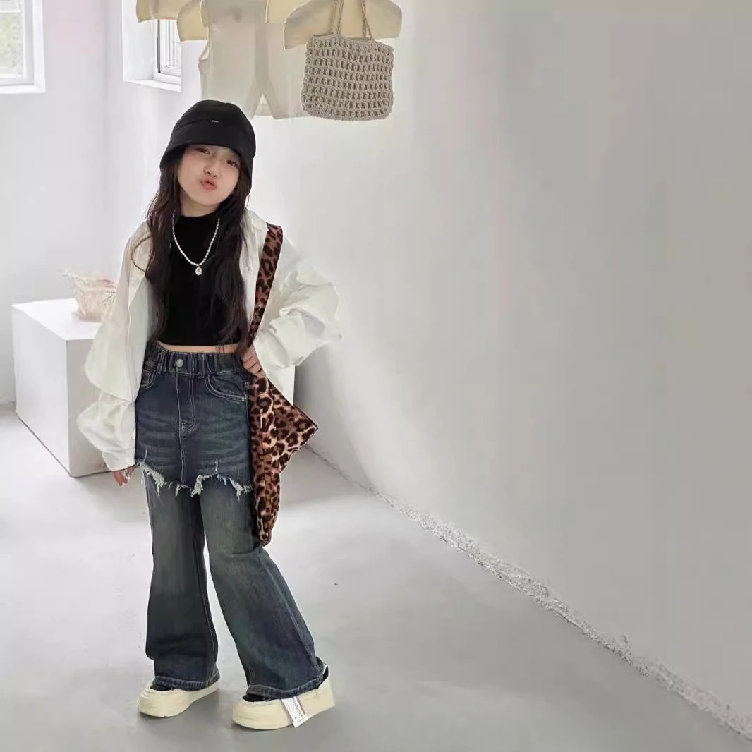 Kids pants for girls clothes Autumn 2024 Korean version of foreign style splicing casual jeans  спідниці  جينز  아동복