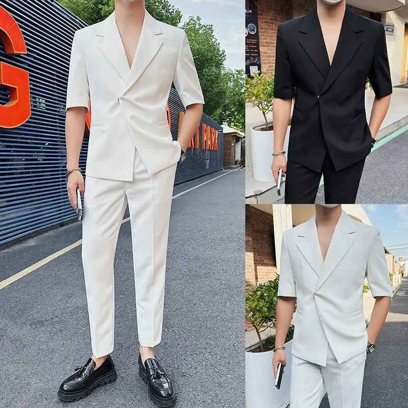 Men's Business Casual Premium High End Suit Set Two Piece Summer Thin Three Quarter Short Sleeve Versatile Style