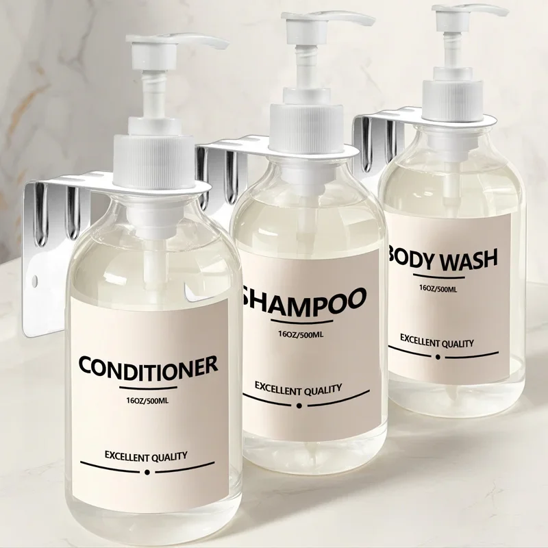 シャンプーとコンディショナーのボトルディスペンサーセット,壁掛けブラケット,液体容器,竹,シリコントレイ,キッチンアクセサリー,500ml