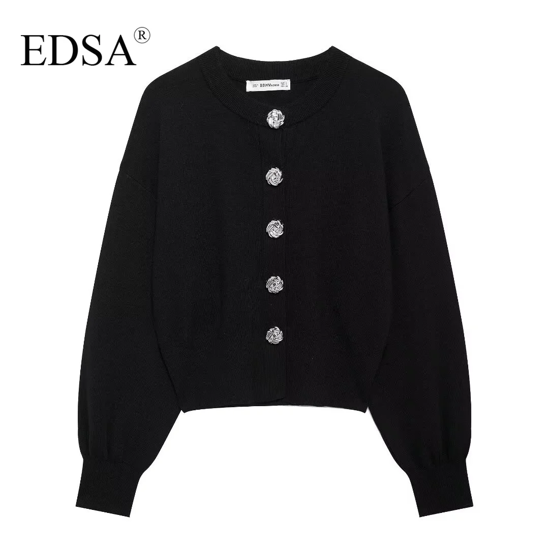 EDSA Women Black Cropped Knit Cardigan with Large Buttons Round Neck Long Sleeves Ribbed Cuffs Autumn Knitted Sweater Coat