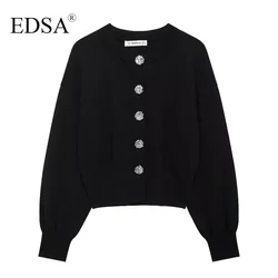 EDSA Women Black Cropped Knit Cardigan with Large Buttons Round Neck Long Sleeves Ribbed Cuffs Autumn Knitted Sweater Coat