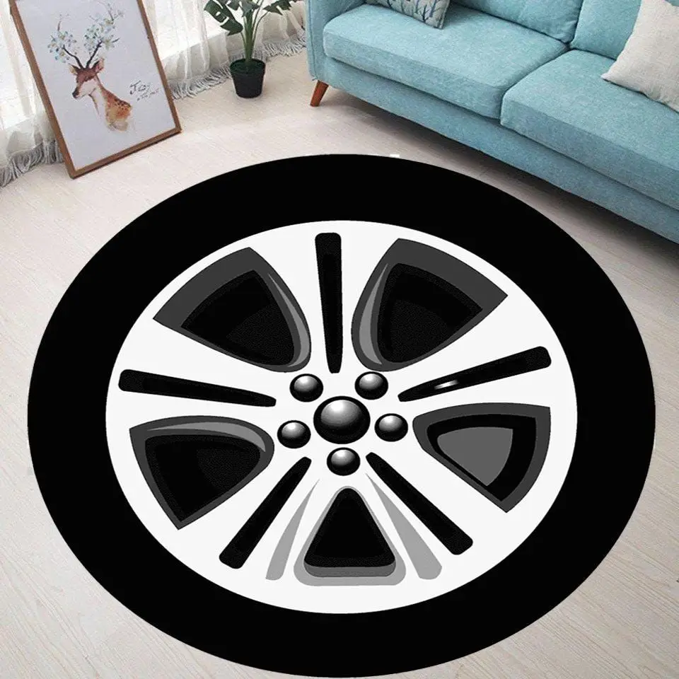 Car Tire Rim Round Rug Black White Alloy Wheel Spoke Automotive Decor