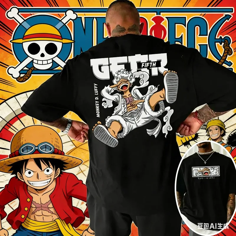2026 Heißer Japanischer One Piece Baumwoll-Luffy-T-Shirt für Herren, Atmungsaktives Baumwoll-T-Shirt, Sommer Oversize Cosplay T-Shirt für Damen und Herren, Herrenbekleidung