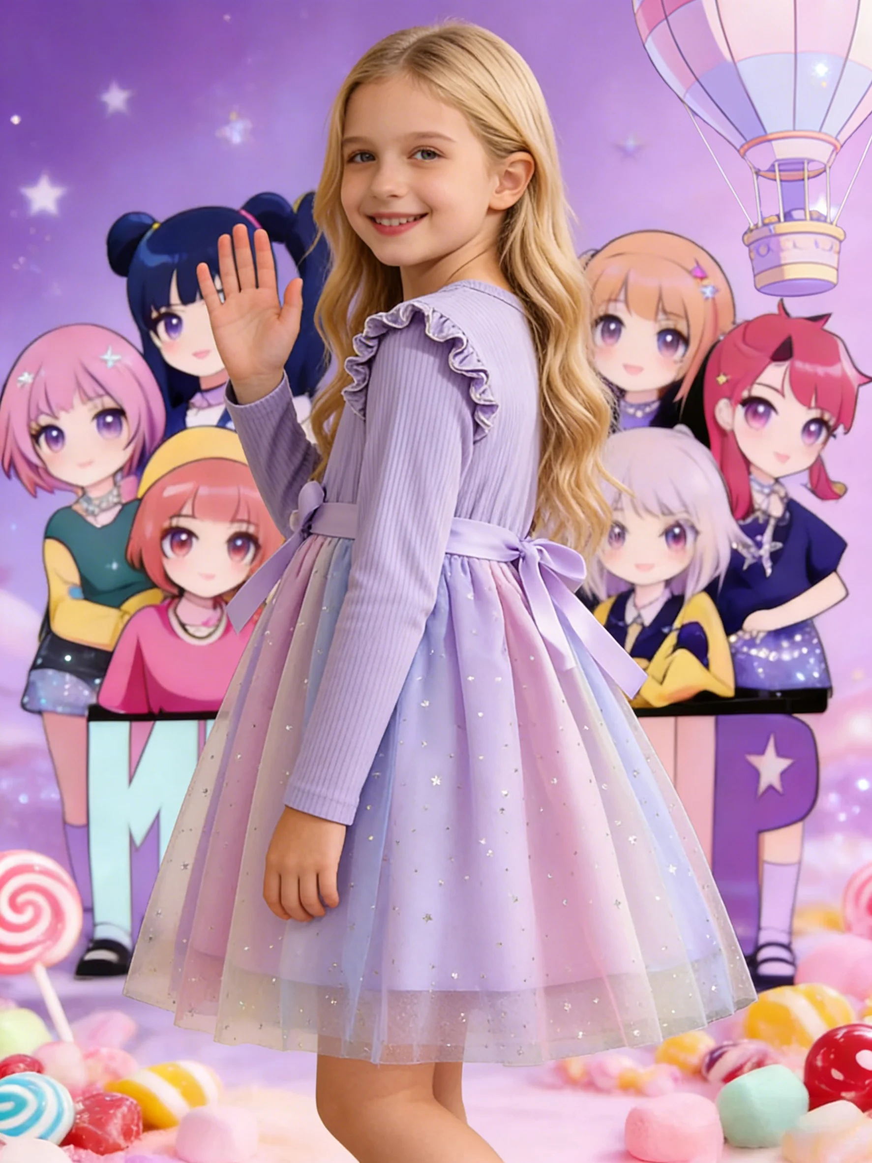 Cartoon Girl Group Printed Dress for Girls, Gradient Starry Sky Tulle Princess Dress