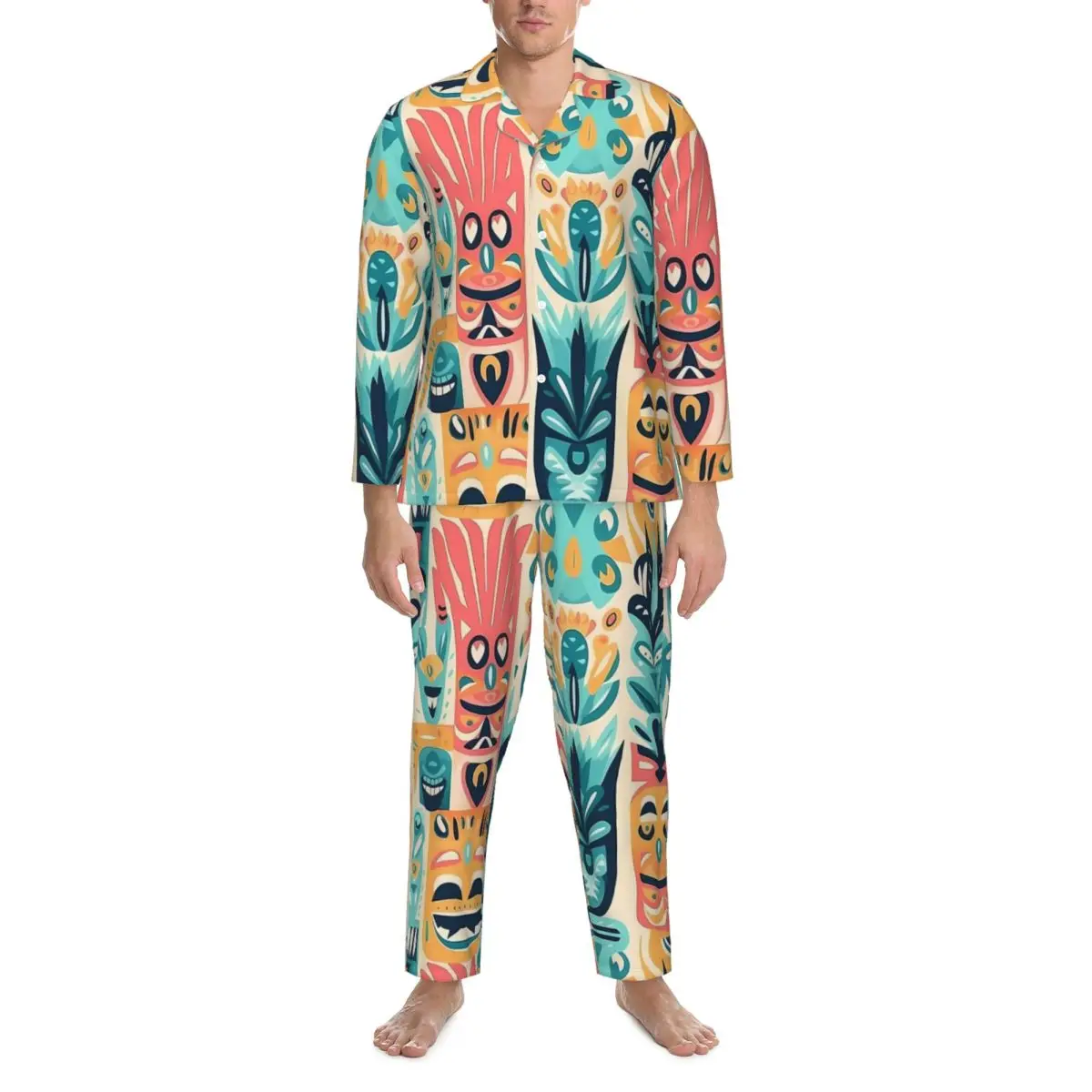 Hawaiian Sleepwear Autumn Tropical Tiki Flowers and Plants Casual Oversize Pajama Sets Male Long Sleeves Warm Room Home Suit