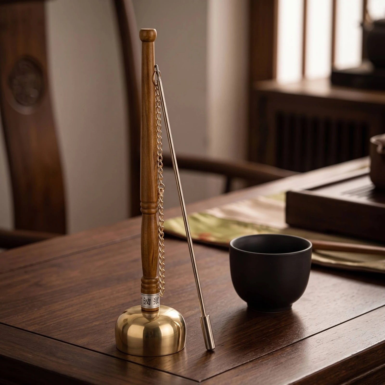 Chanting Bell with Wooden Handle Traditional Buddhist Hand Bell with Striker Brass-Colored Exquisite Craftsmanship for Buddhists