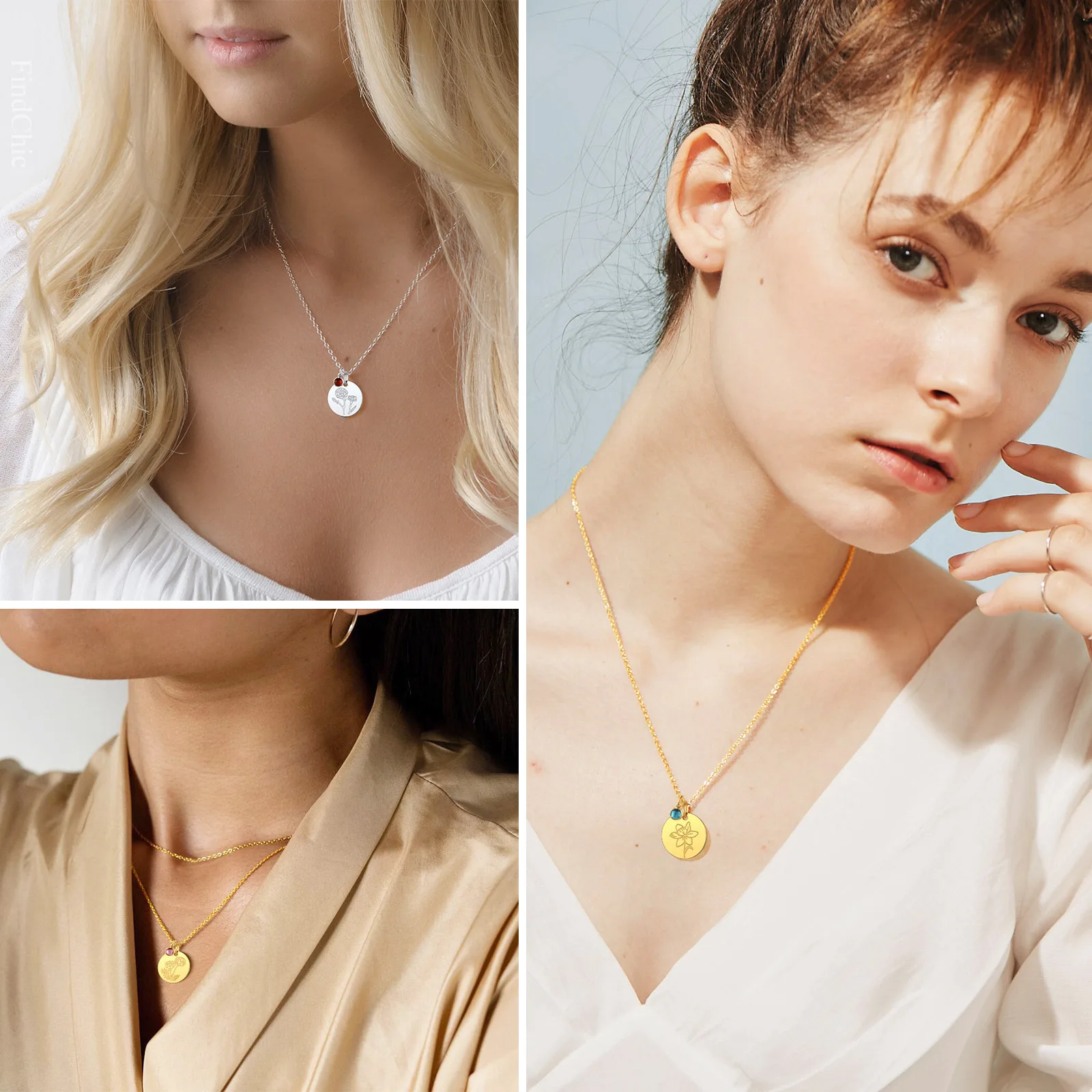 Round Birthstones Flower Necklaces for Woman Birth Flower Etch Pendant Chain Jewelry Gift for Girlfriend Mother Daughter