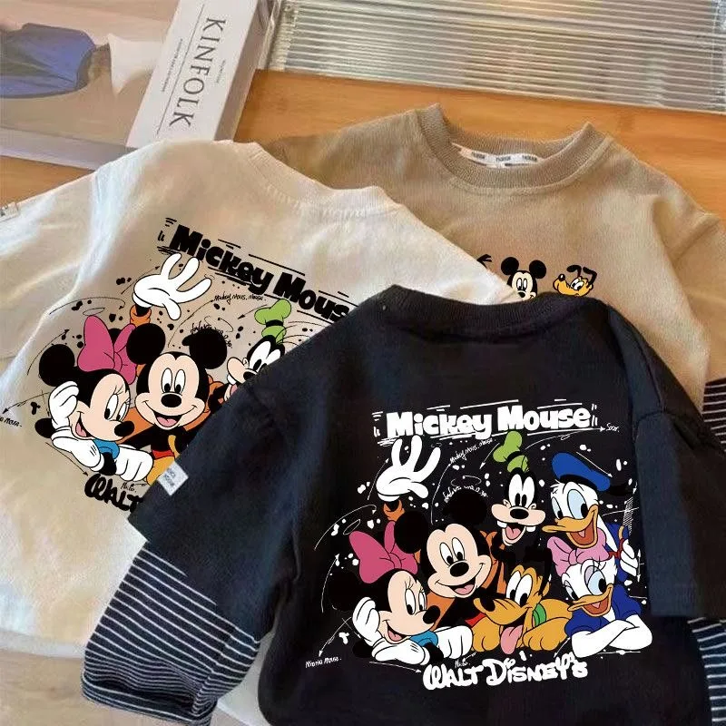 Mickey Mouse Puur Katoen Jongens en Meisjes T-shirt met lange mouwen Lente en herfst Nieuwe nep tweedelige cartoon buitenste dieptepunt