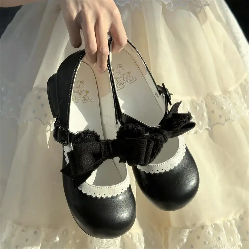 Japanese New Sweet and Cute Lo Shoes Girl Maillard Color Lolita Bow Single Shoes Big Head Baby Kawaii Mary Jane Shoes for Women
