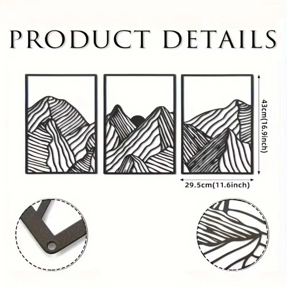Elevate Your Home Decor with This Set of 3pcs/aet Metal Wall Art, Boasting A Minimalist Mountain Landscape and Square Design.