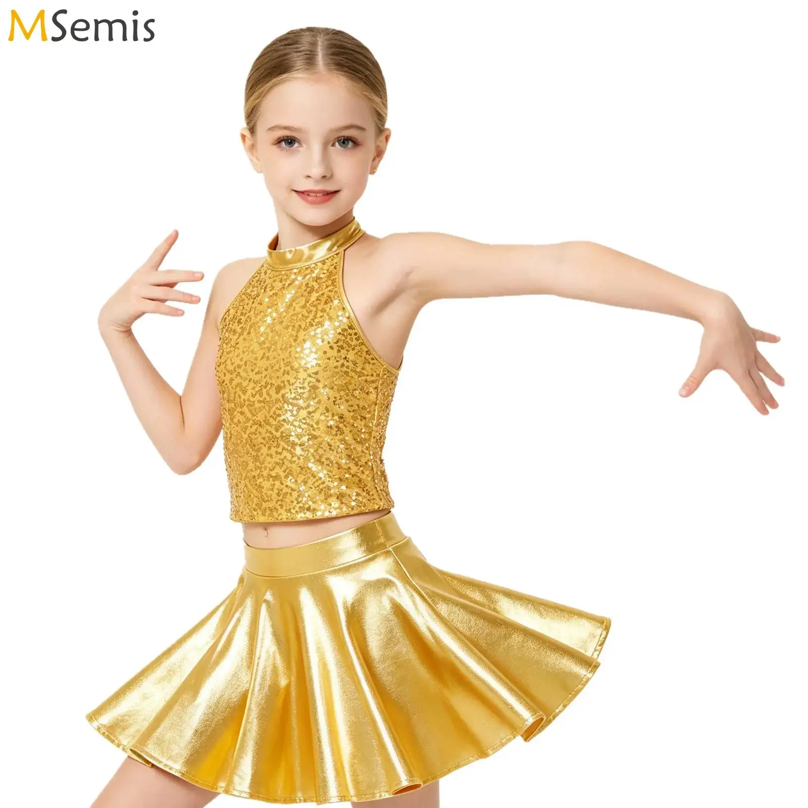 

Kids Girls Cheerleading Jazz Dance Outfits Hip Hop Performance Costume Sparkling Sequin Halter Crop Top with Metallic Skirt Set