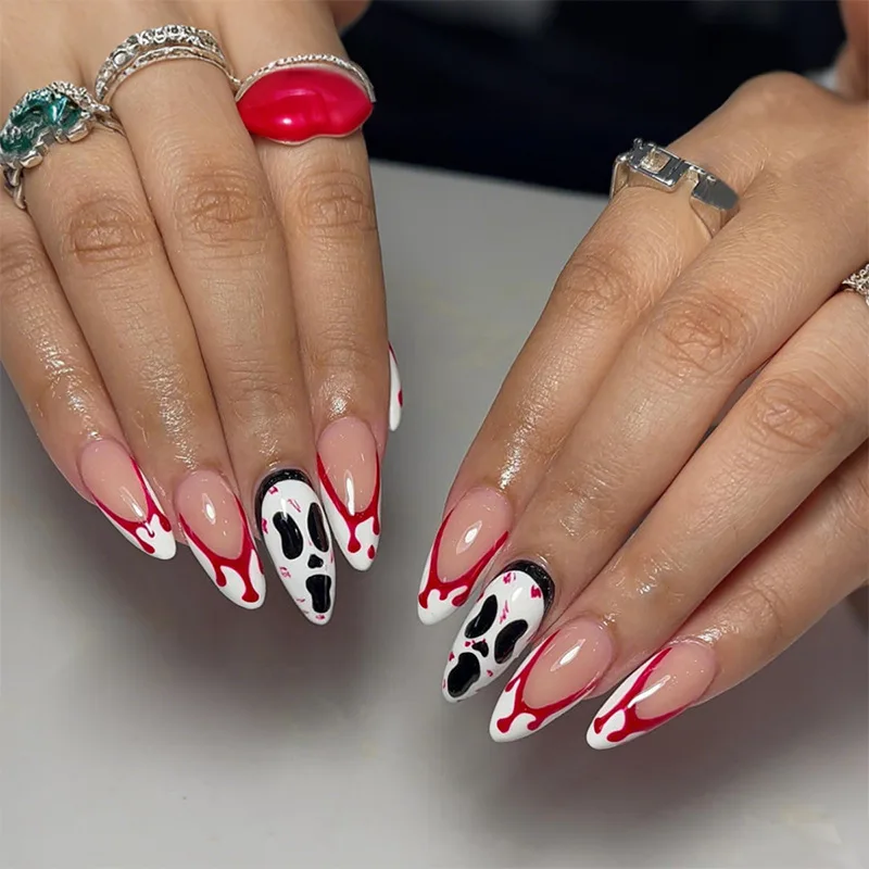 

24PCS Simple White French False Nails Halloween Ghost Bloody Red Almond Press on Nails Full Cover Wearable Ins Style Fake Nails