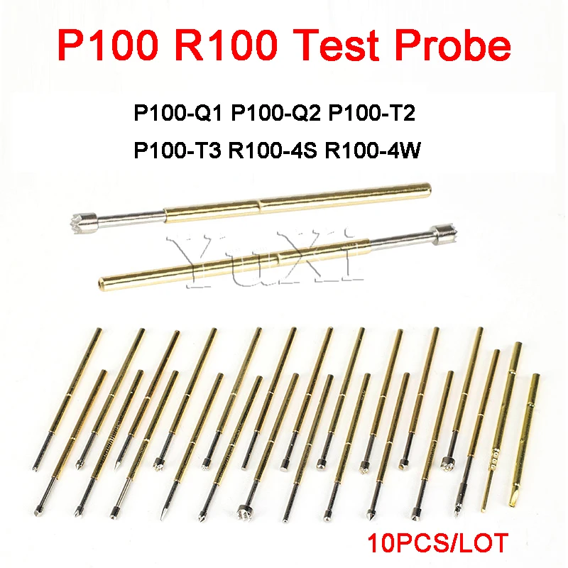 Sonda de teste de mola de latão série p100 r100, com diâmetro de agulha banhado a níquel, pino de teste escalável de mola eletrônica, pino pogo com 10 peças