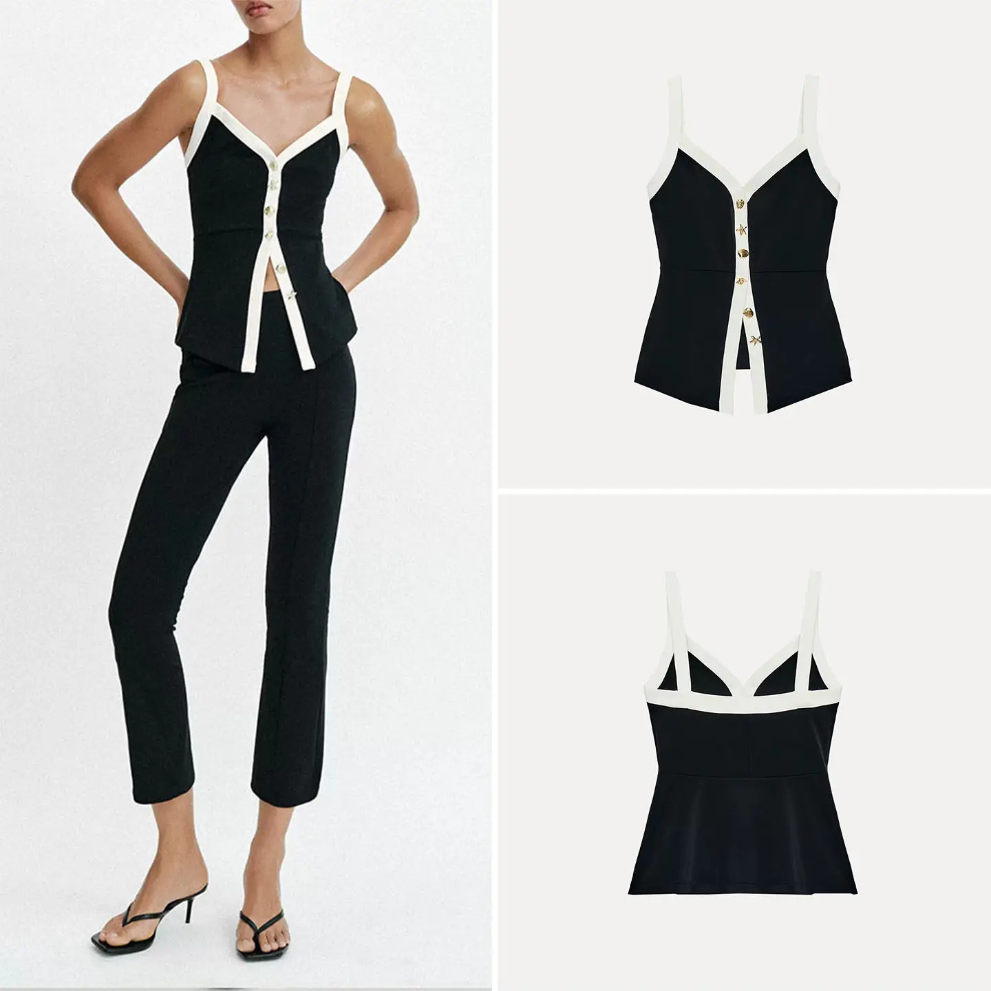 Fashionable V-neck Embossed Button Detail Contrast Color Women's Tank Top ZADATA Brand Summer 2026 Collection Outerwear