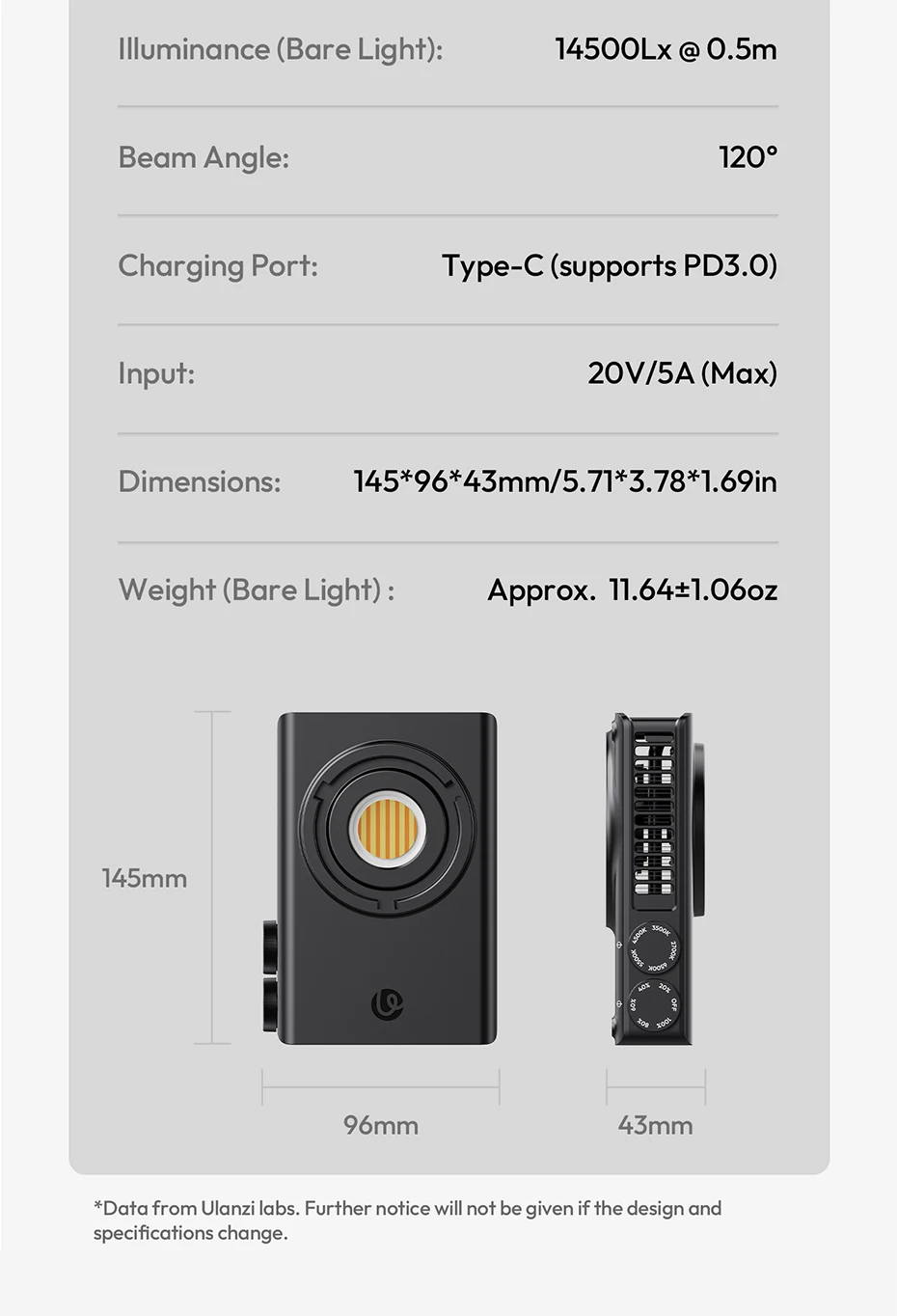 Ulanzi C01 100 W tragbare COB-Leuchte, 2700 K–6500 K, zweifarbig, leicht, für Kamera, Fotografie, Smartphone, Vlog, Livestreaming – Detail 19
