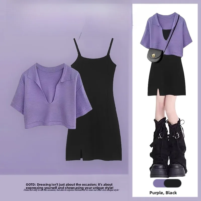 

Ele Purple Long Sve T-irt Women's Summer New Sle Off-oulder Top Matching Split Strap Dr Set Faionable Two-P...