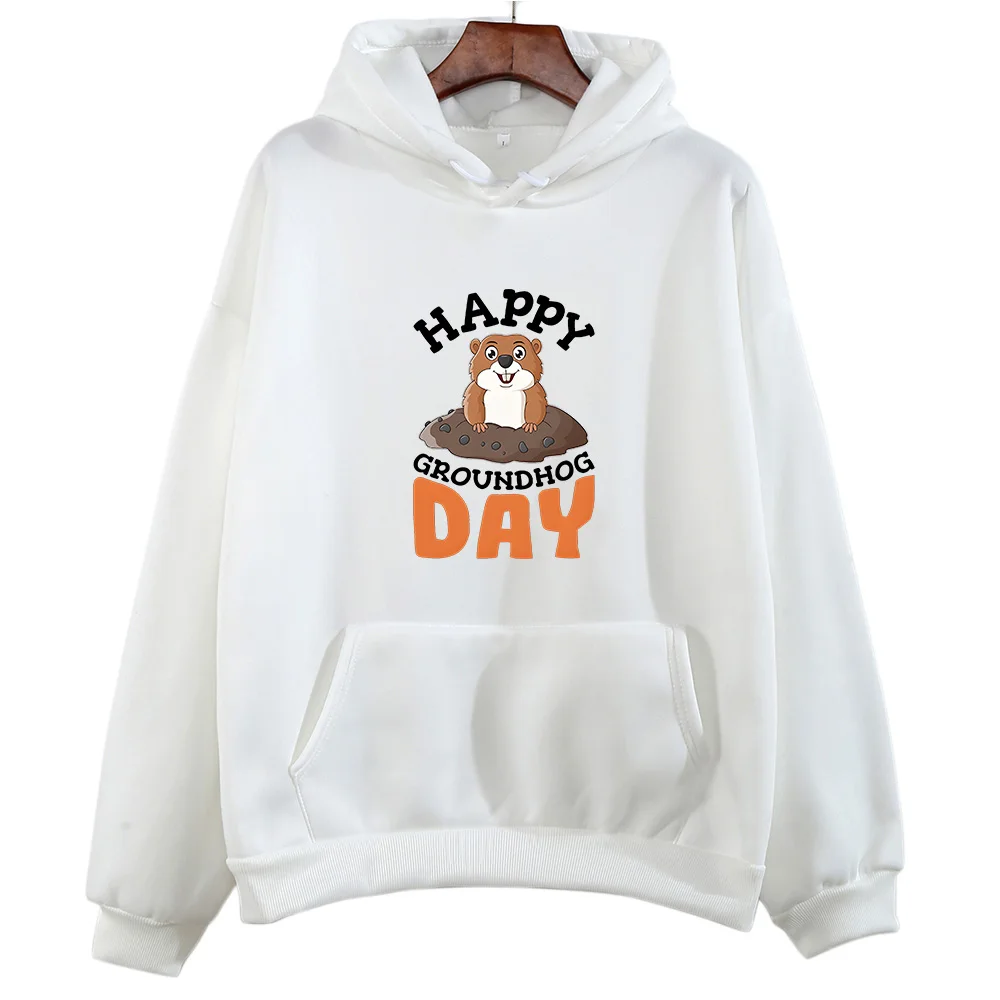 

Happy Groundhog Day Hoodies Women Kawaii Cartoon Sweatshirts Fashion Aesthetic Clothing Winter Long Sleeve Crewneck Pullovers