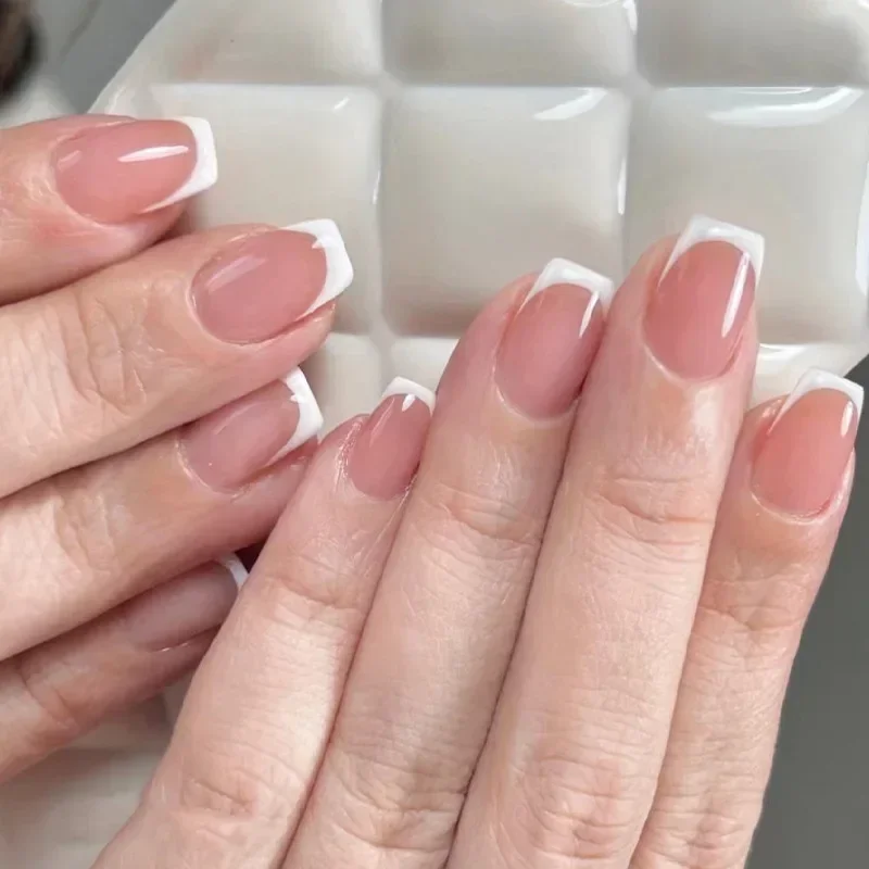 24pcs French Rainbow Fake Nails Nude Design False Nails Art Full Coverage Waterproof Adhesive Artificial Press on Nail with Tool