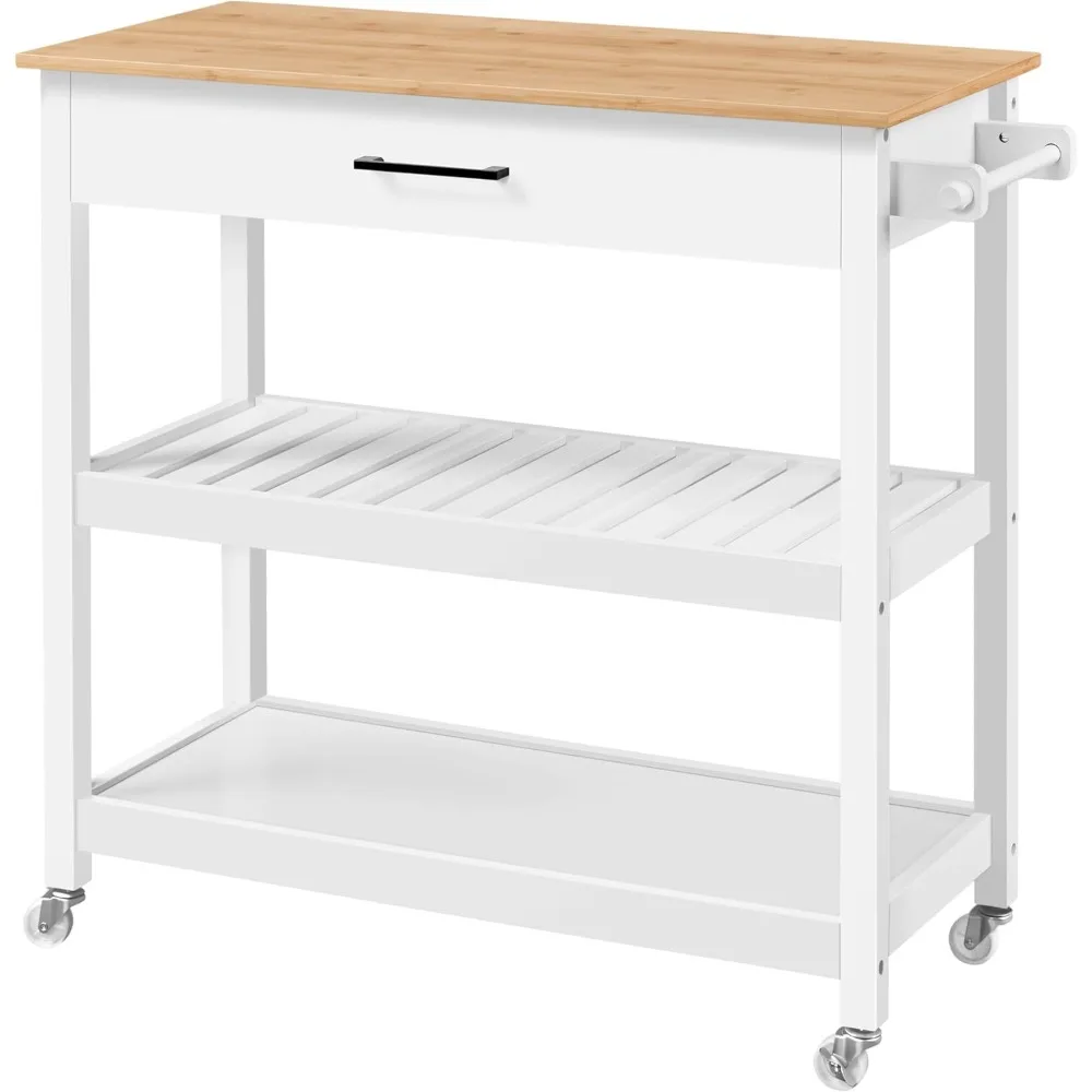 

Kitchen Island Cart on Wheels with Bamboo Tabletop, 3-Tier Rolling Kitchen Island Microwave Cart with Drawer, Detachable Towel,