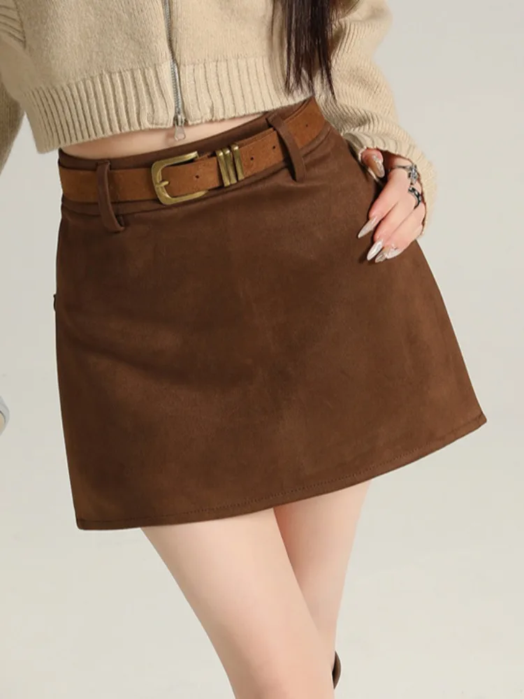 American Retro Brown Deer Skin Velvet  Skirt for Women High Waist Side Slit Sexy f Body Skirt Commute Sle Casual Wear