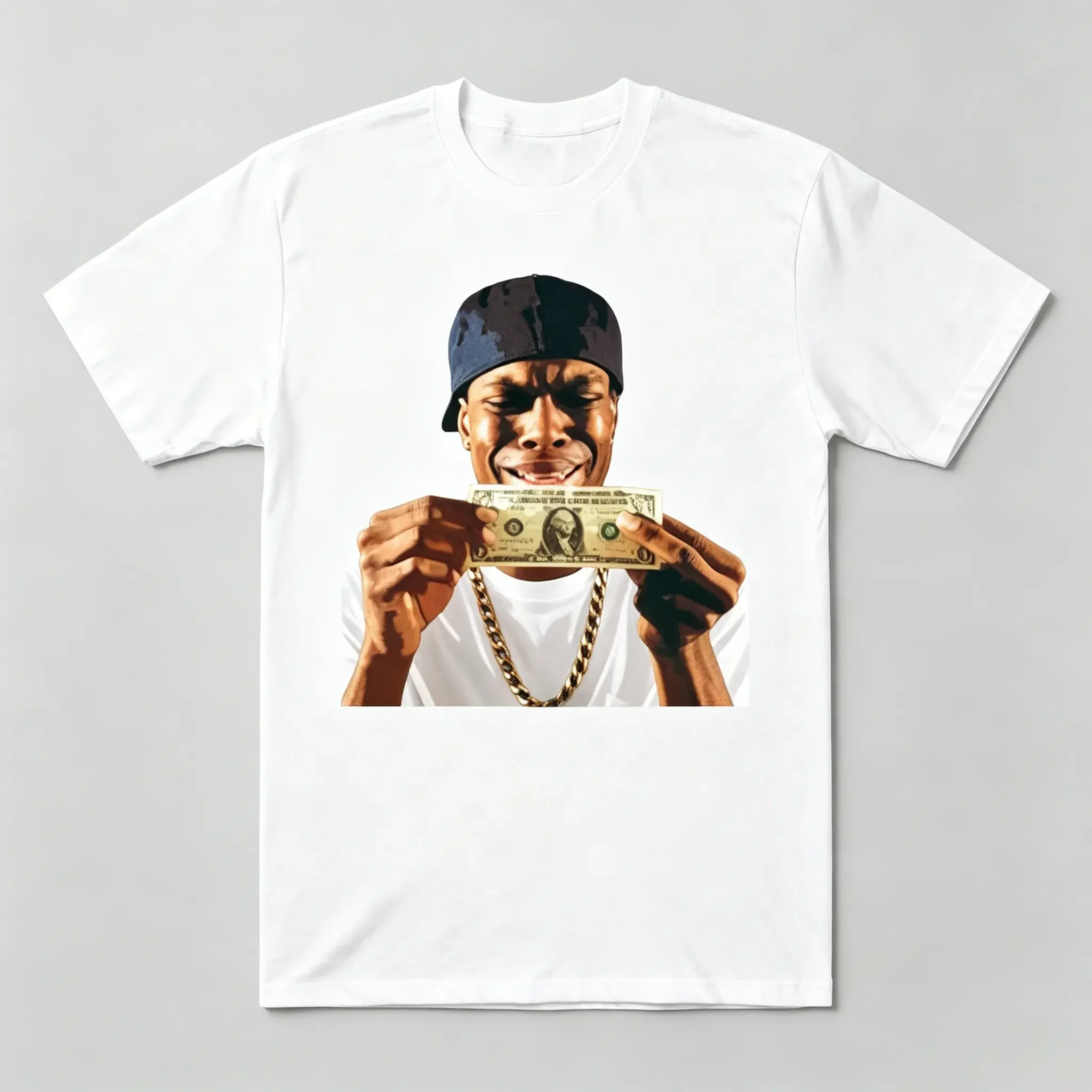 Hip Hop Holding Dollar Bill Portrait T-Shirt for Men/Women (Unisex), Vintage Retro Rap Music Streetwear Casual Cotton Short Sleeve Tee, Black/White