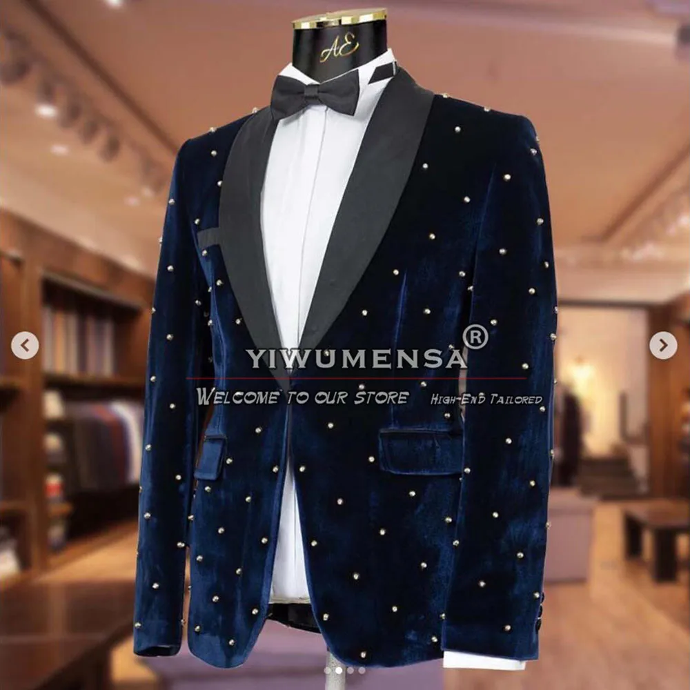 Handmae Pearls Navy Velvet Wedding Tuxedos Slim Fit Single Breasted Jacket Solid Black Pants 2 Piece Trajes De Hombre Elegante