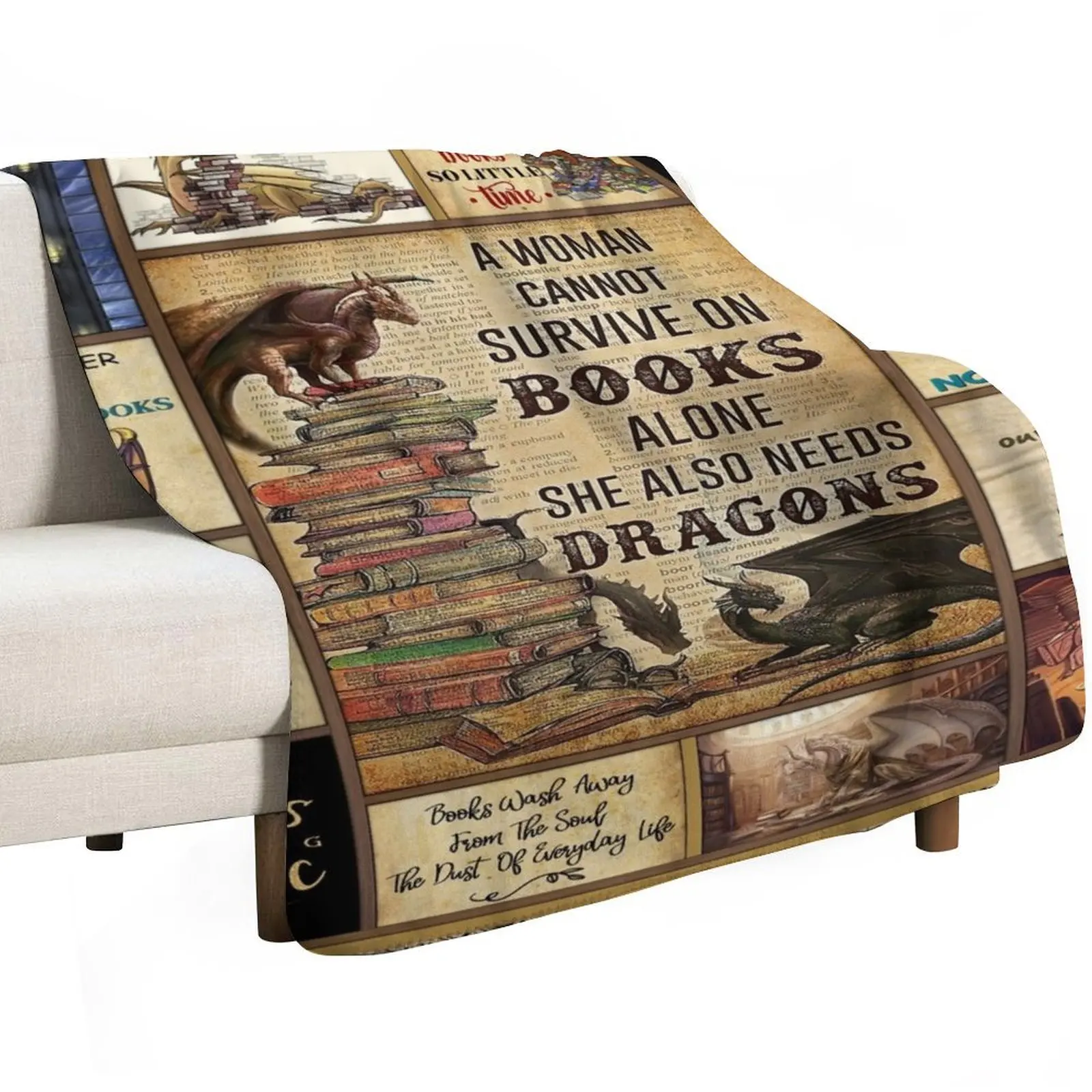 A Woman Cannot Survive On Books Alone She Also Needs Dragons Throw Blanket Large Picnic Decoratives Furry Blankets