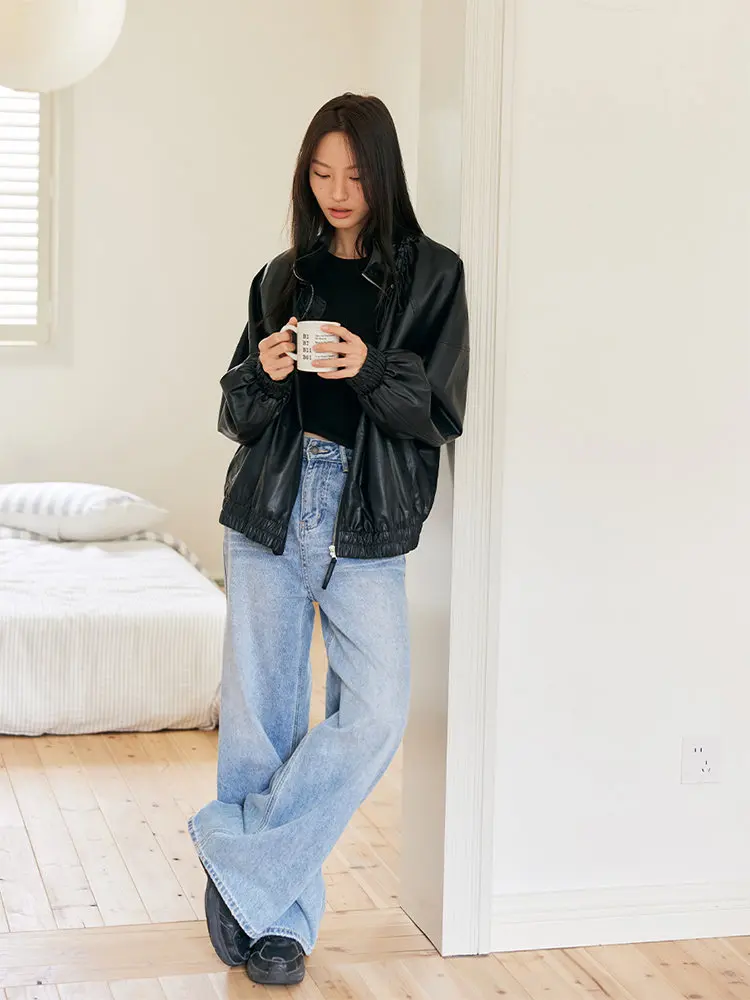 超ソフトレザー ジャエット ユニークなDストリングカラー 鹿と飛ぶ鳥 スリ ブラ アウターウェア バイカーコート レディース ファッション