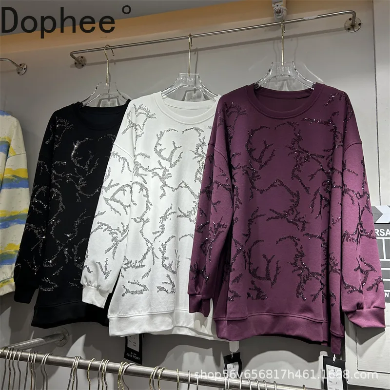 

Fashion Lady Hot Drilling Long Sleeve Women Sweatshirt All-match Mid-long Oversize Pullover Top Elegant O-neck Casual Hoodies