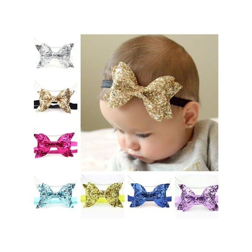 

Серебряная повязка на голову с пайетками и бантом для новорожденных, малышей и детей, эластичная повязка для волос, повязка на голову с пайетками